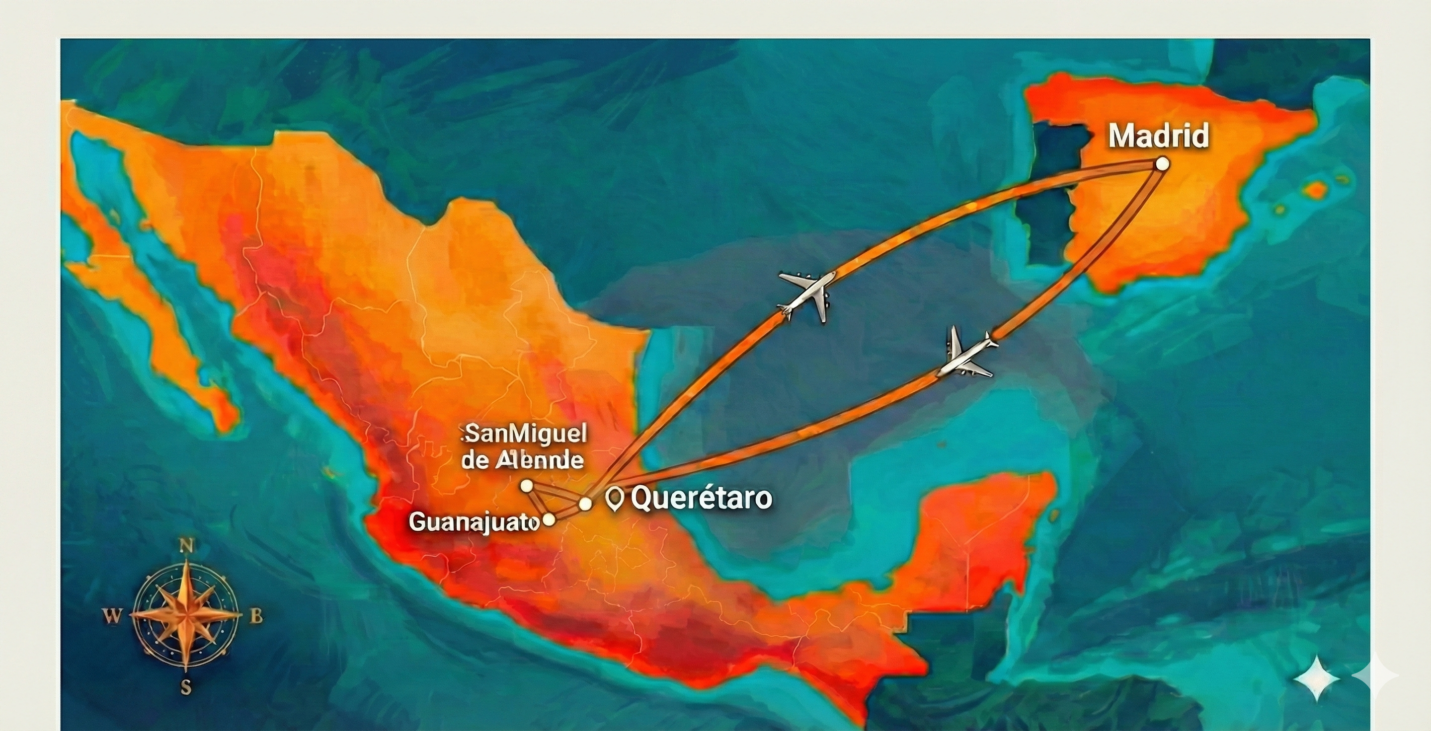 Mapa de México mostrando rutas Madrid-Querétaro